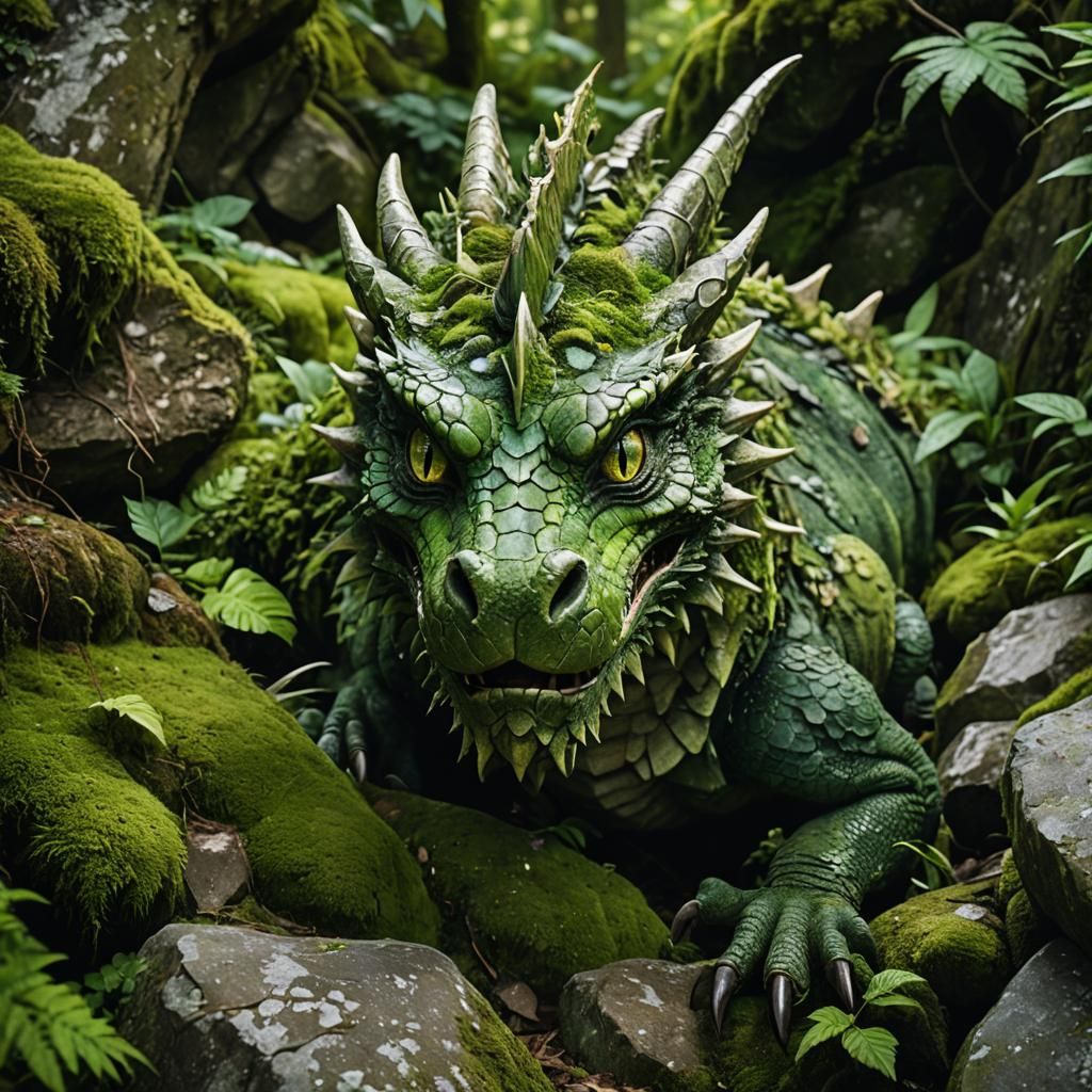 a nature dragon, eyes emerald green, legs made of tree trunks, wings have the texture of leaves but the ...  by @Ellie Fent