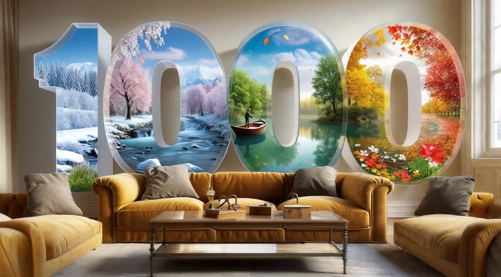 Hyperdetailed hyperrealistic masterpiece. Interior living room featuring large acrylic numerals "1000", each numeral dis...