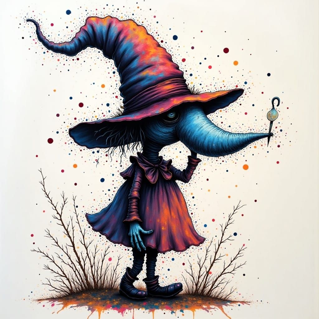 <lora:SPARKLE SPLAT POINT:1.0> whimsical tompte, hat scrunched up on top of nose, covering eyes completely, pen and dot, contemporary art; S...