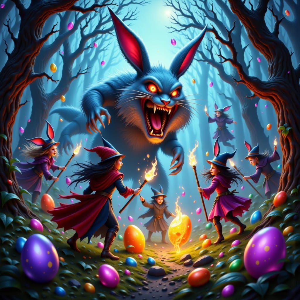 The Evil Easter Bunny being destroyed by Powerful Young Wizards in order to save the day on Easter during the colorful egg hunt.
<lora:RPGWo...