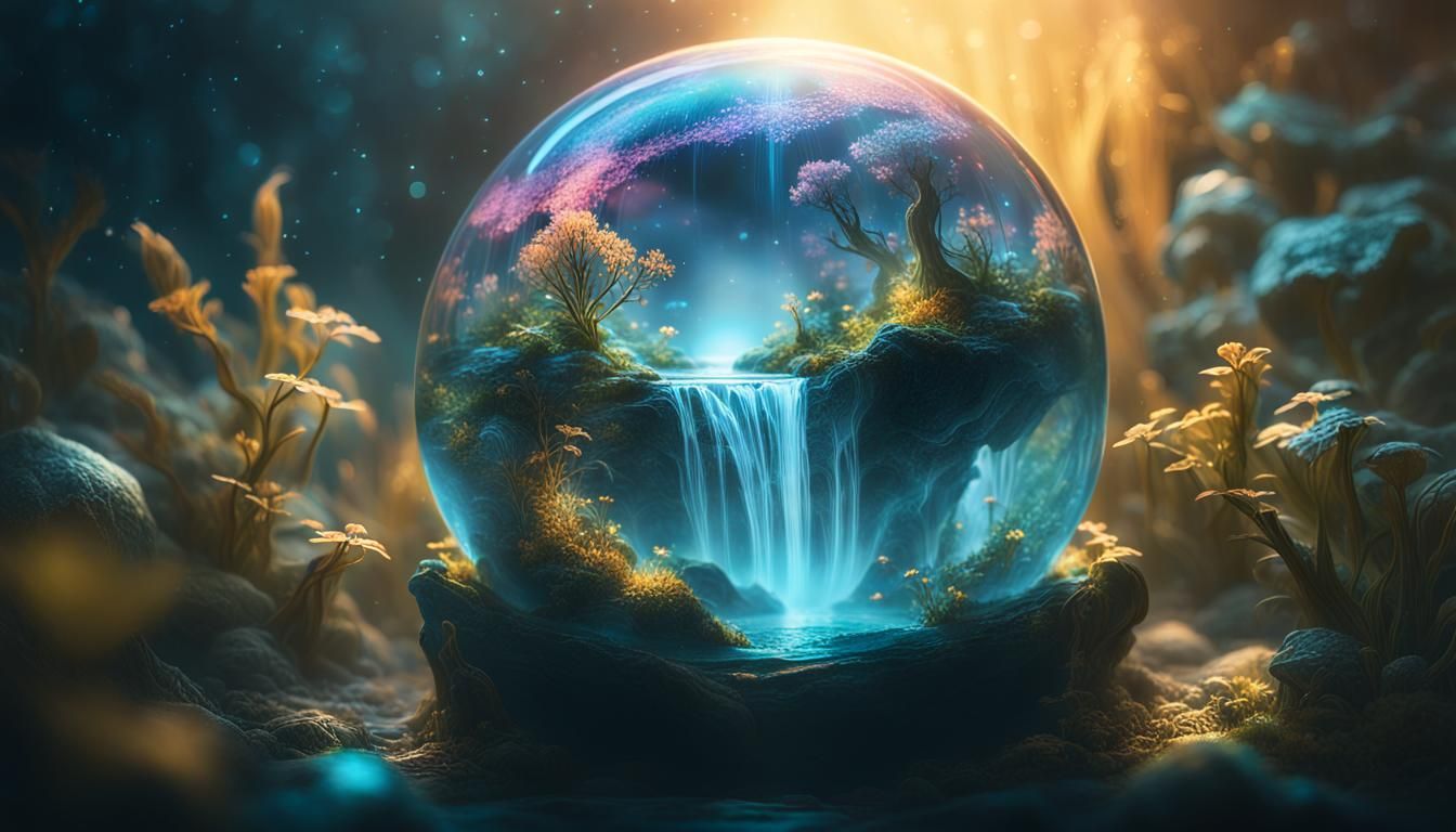 An orb containing a tiny, detailed world, full of life and activity.  by @aNta