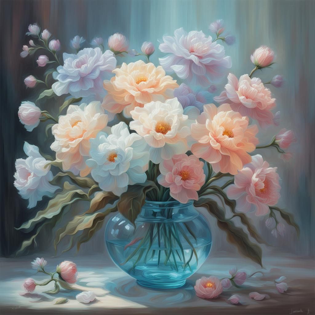 Bouquet of beautiful translucent glass flowers,
