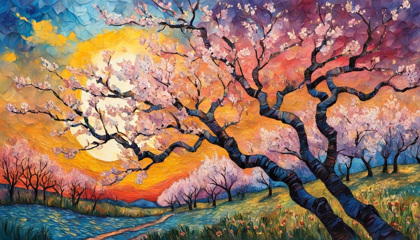 Vibrant Semi-Abstract Acrylic Painting. Medium shot. Flowering spring cherry blossom trees surrounded ...  by @undefined