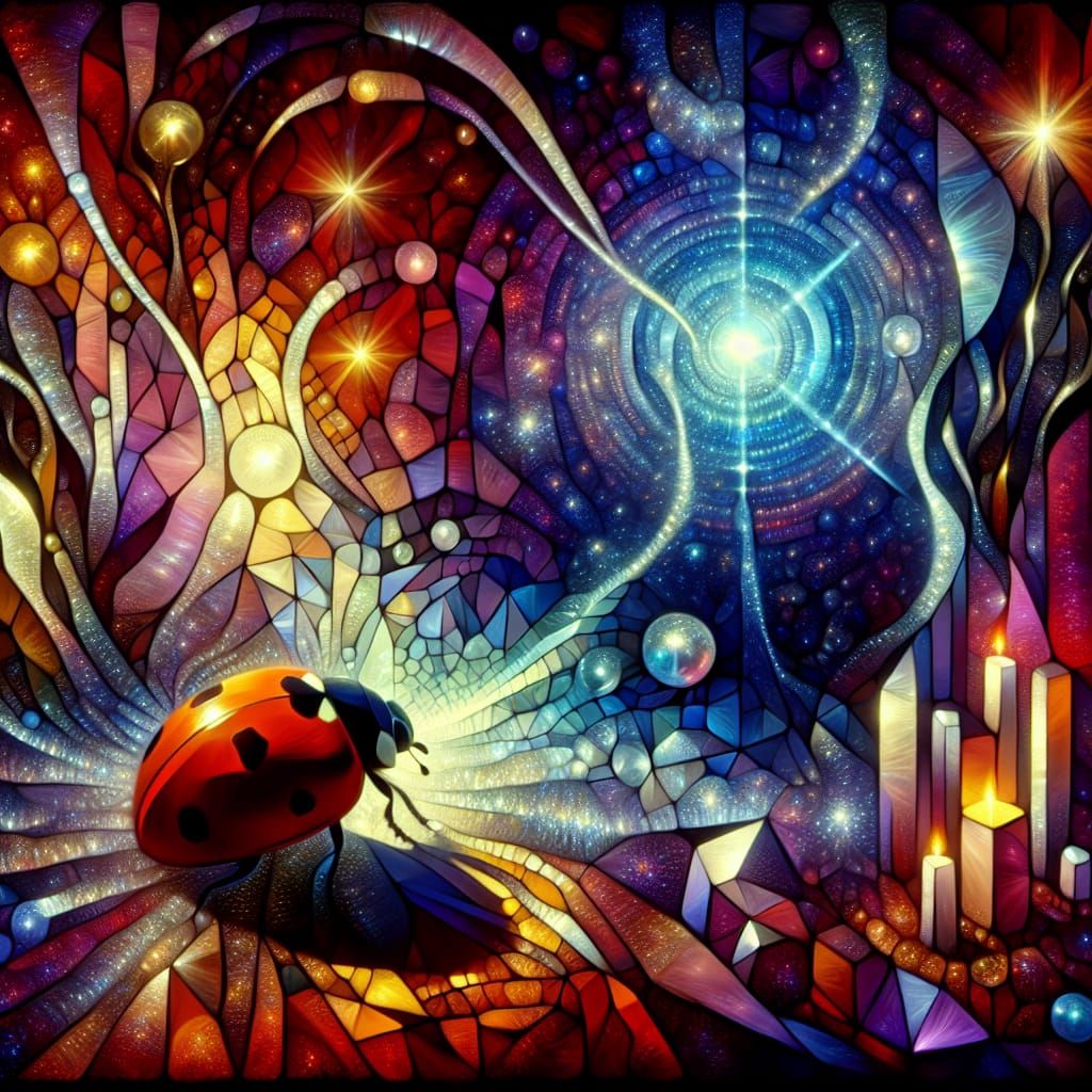 Ethereal Crystalline Metamorphosis Cubism, a lady-bug entering a magical portal to an alien world, mystic fog, Reflectio...