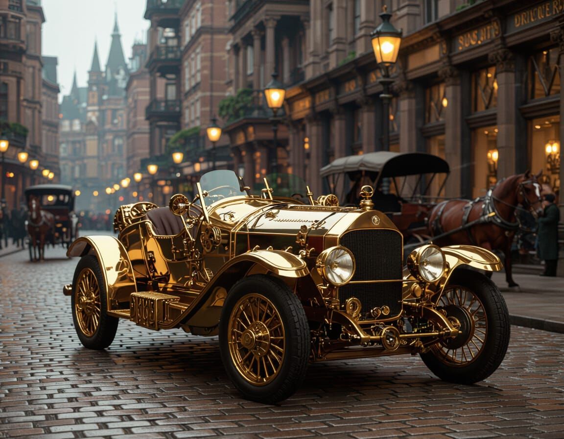 A steampunk-inspired automobile, crafted from polished brass and intricate gears, navigates a cobblestone ...  by @Sumikokeel