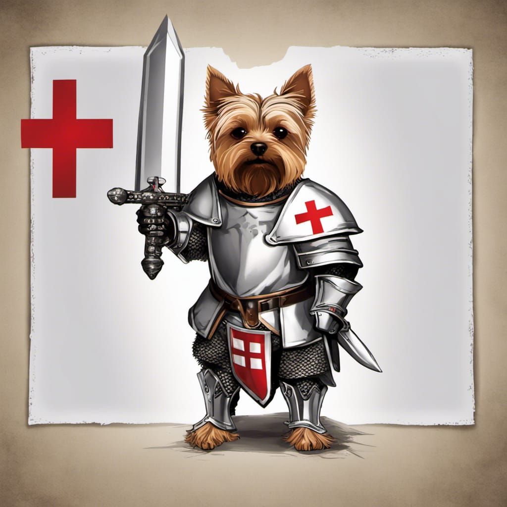 Yorkshire Terrier Templar Knight, with large sword and white banner ...