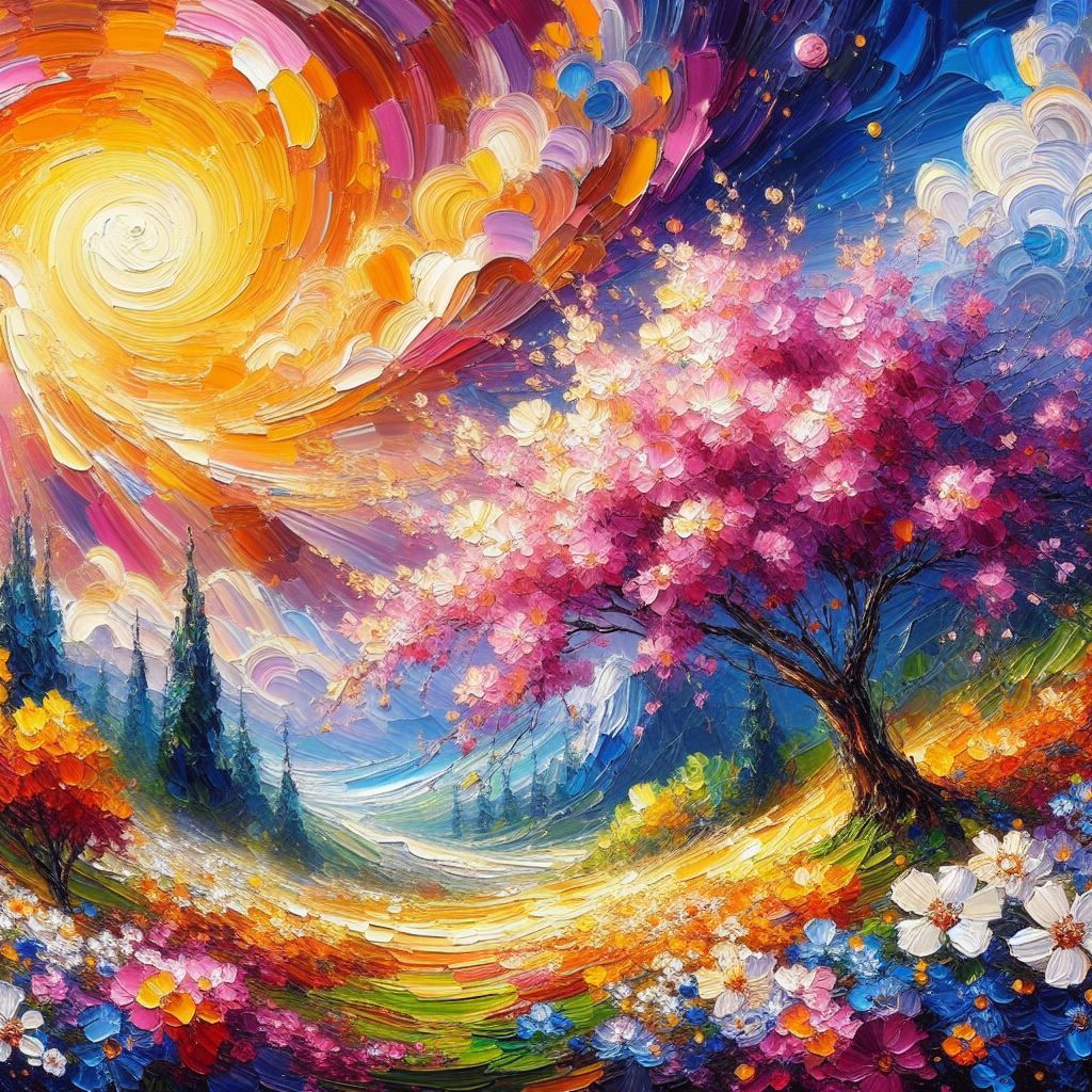 Oil Painting Sunny Day's Cosmic Spring with Vibrant Flowers.