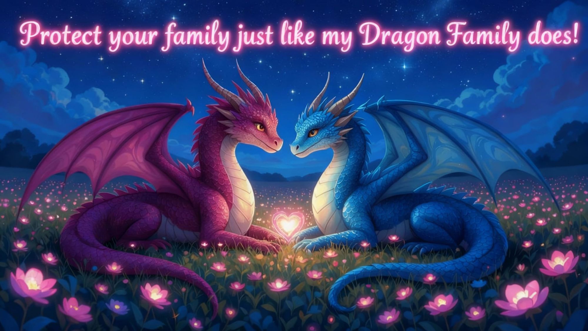 A pair of adult female dragons, one with scales of magenta and the other with scales of azure, lying together in a field of luminous flowers...