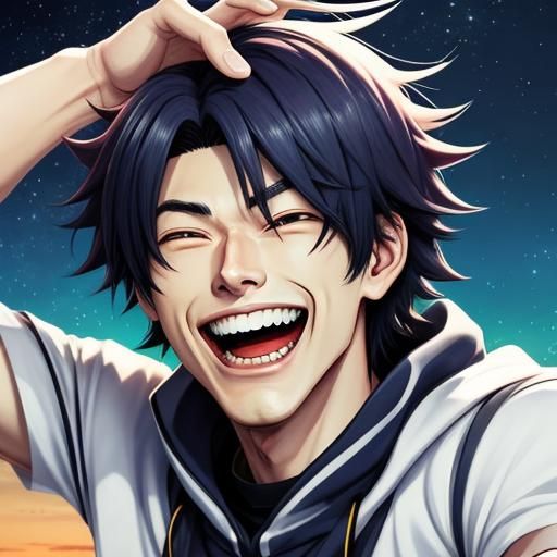 anime boy laughing with eyes closed
