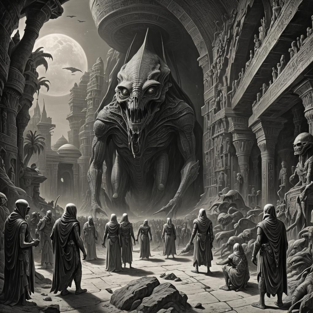 Alien visitors in old Egypt. Showing a farao and his wifes b...