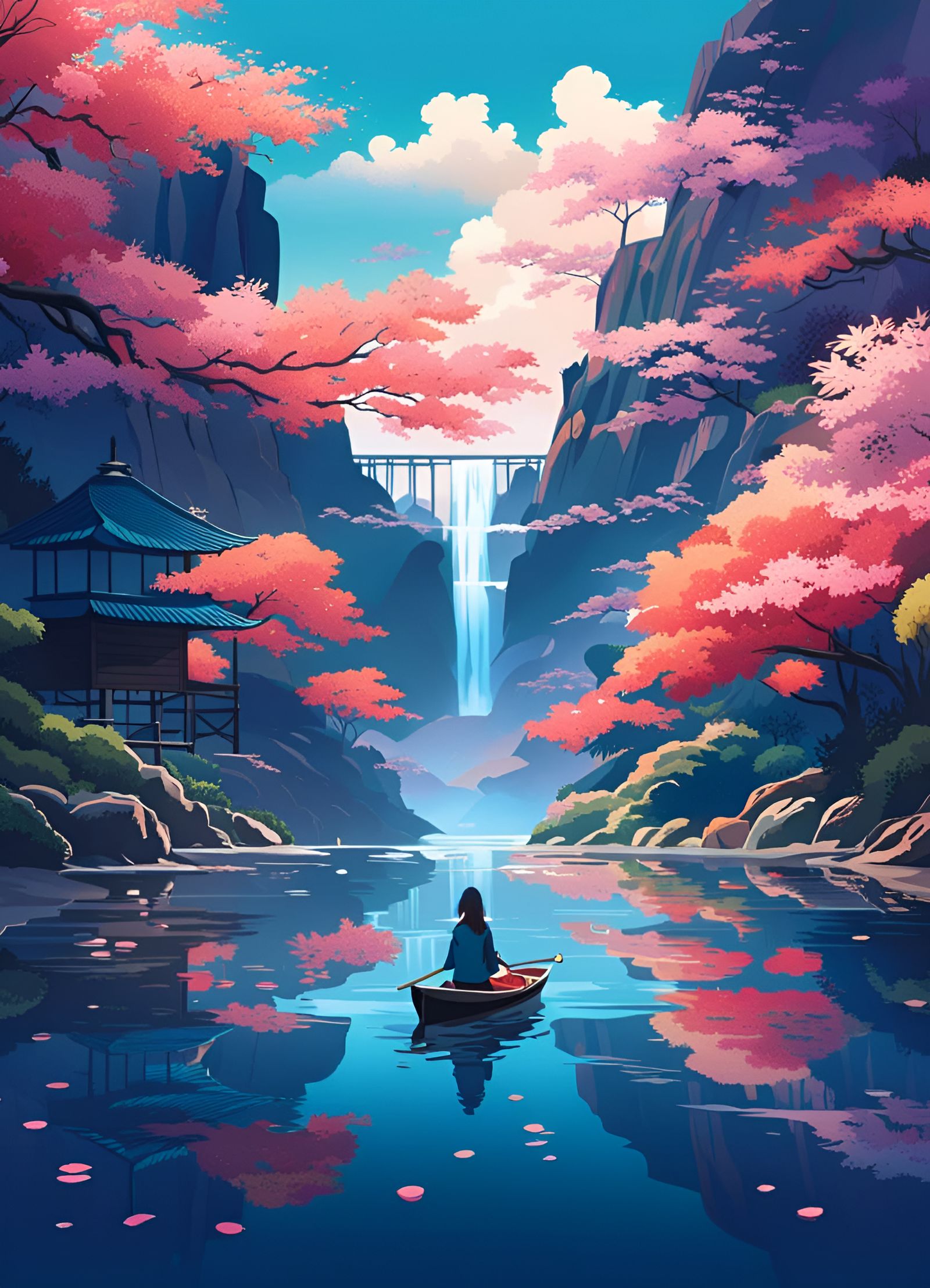 ikigai, peaceful scenery, water, blossoms, sythwave-like, serene ...