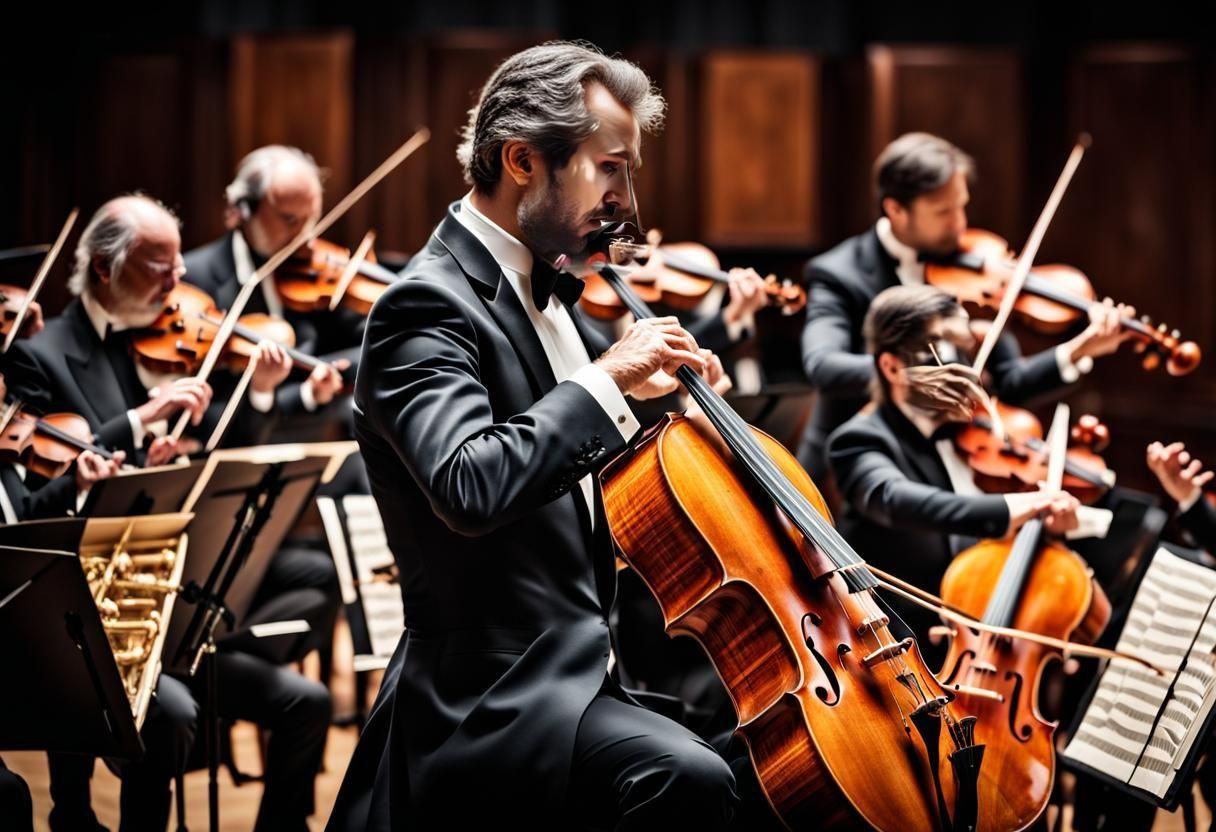 An orchestra playing symphony music.  intricate details, HDR, beautifully shot, hyperrealistic, sharp focus, 64 megapixels, perfect composit...