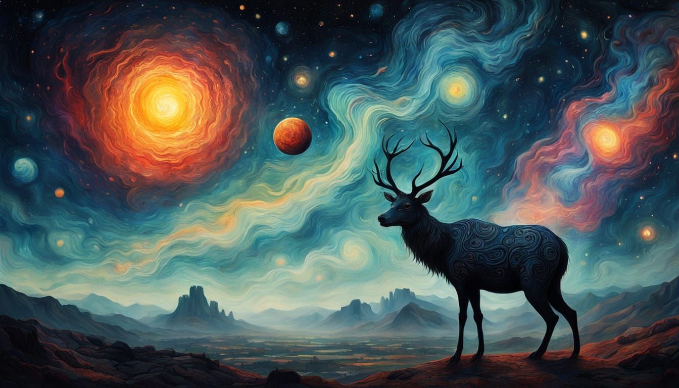 Celestial creature in the style of Van Gogh, watercolor swirls, vibrant colors, intricate patterning reminiscent of Arthur Rackham, pen and...