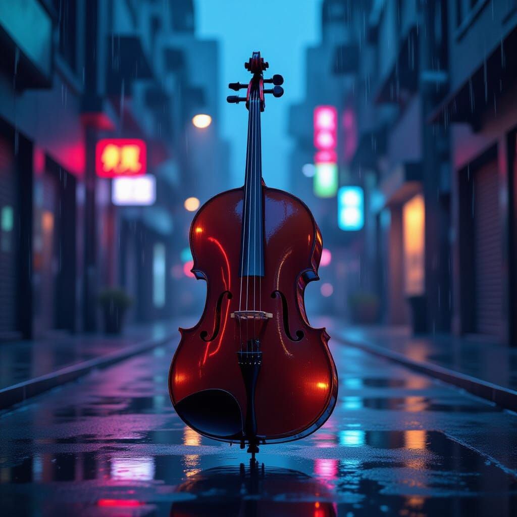 Futuristic Neon Cello in Cyberpunk Alley