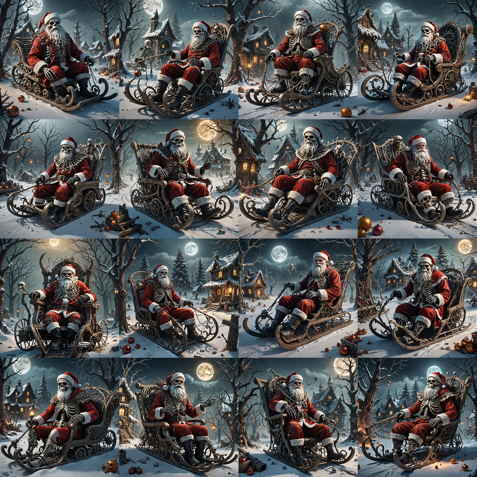 Santa Claus As A Skeleton Sitting In A Broken Down Sled Fill...