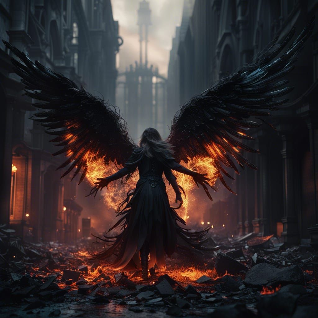 black fallen angel buring in a dark city. - AI Generated Artwork ...