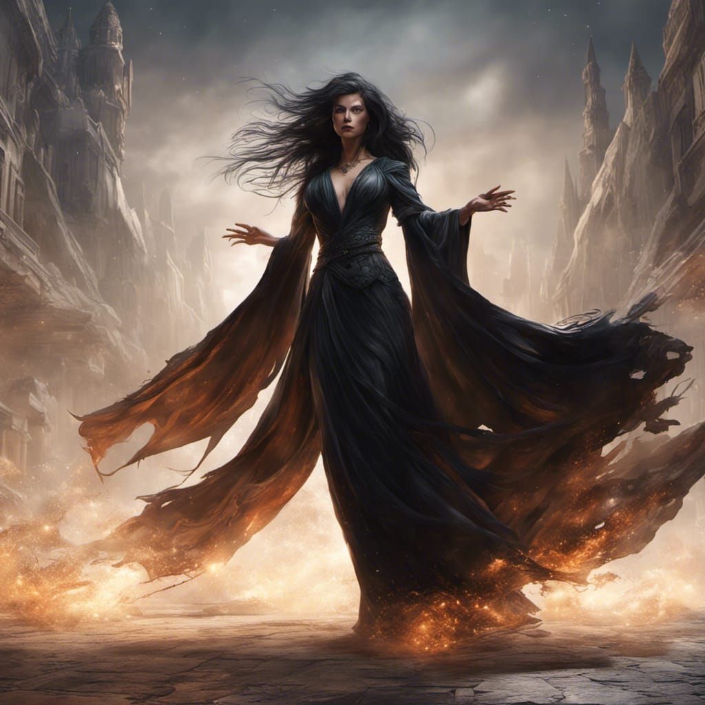 Sorceress in a long black flowing dress
