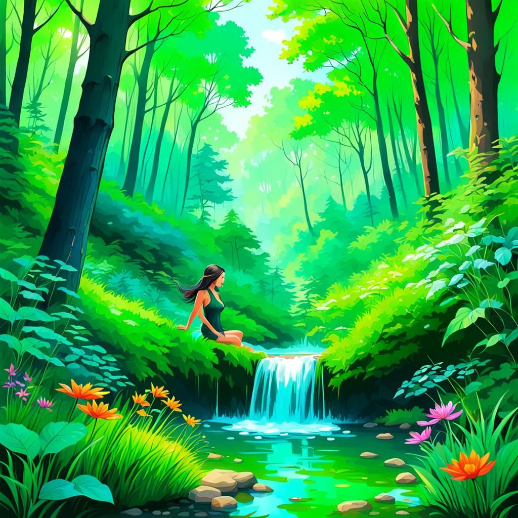 A one of the most pretty girl bathing In a vibrant forests, ...