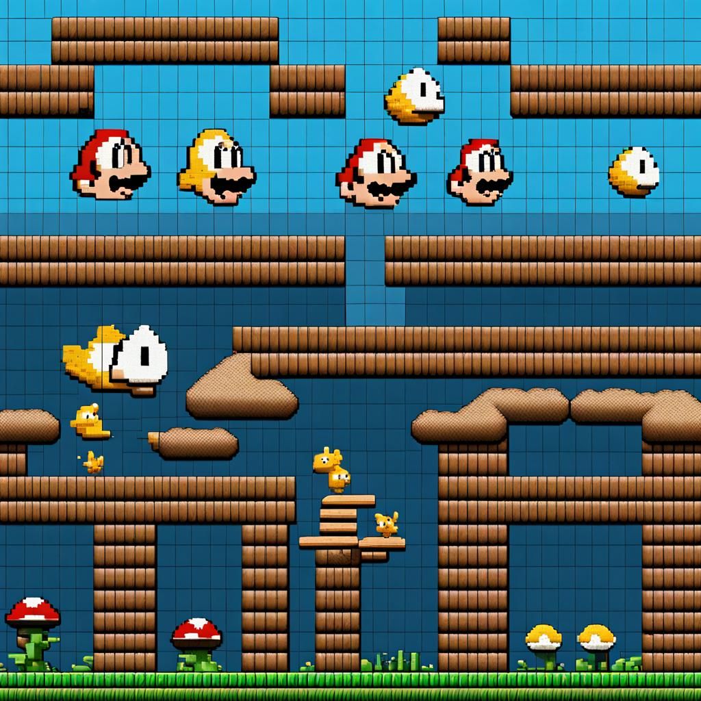 Super Mario With Cheep Cheeps Bloopers In Underwater Water Level Mosaic Pixel Art Ai Generated 