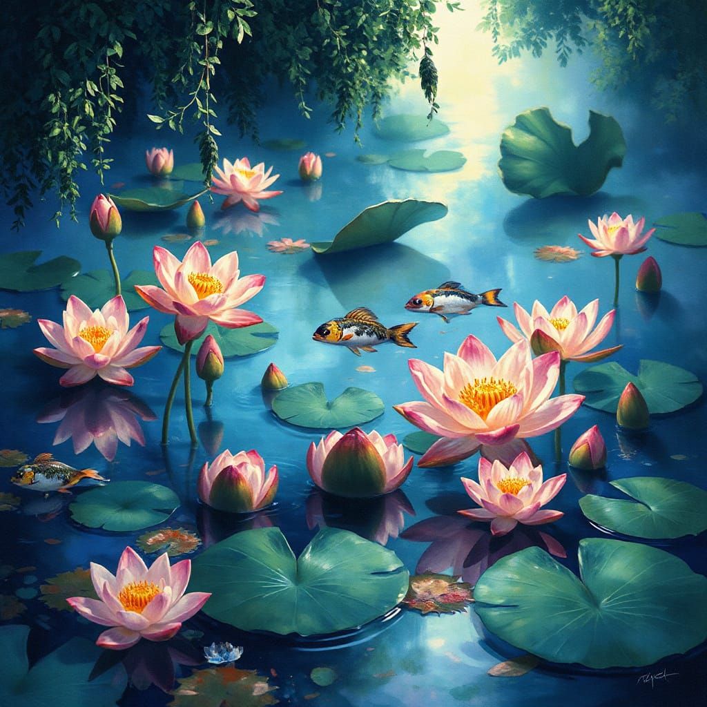 Lotus Flower - Surreal Anime-Inspired Watercolor Landscape w...