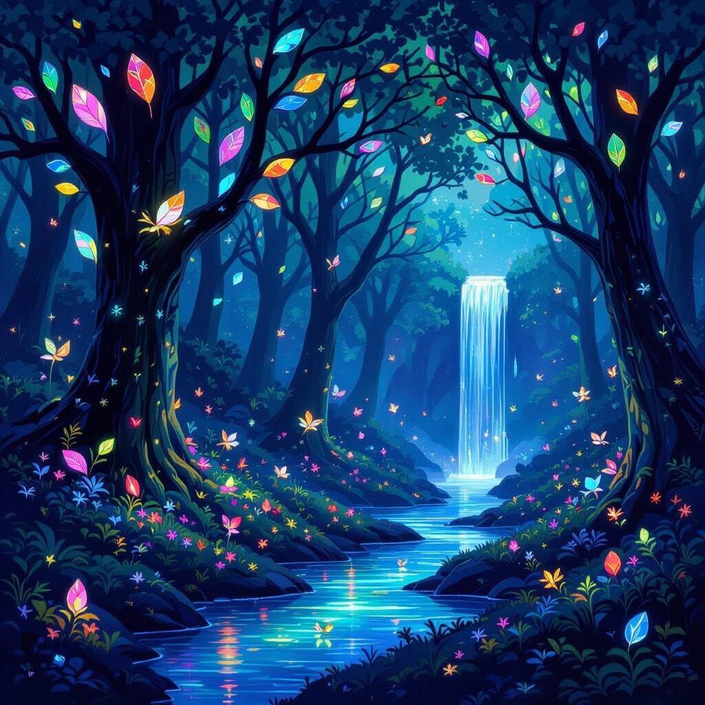 A vibrant, bioluminescent forest at night, where the trees have leaves made of stained glass that cast colorful patterns on the forest floor...
