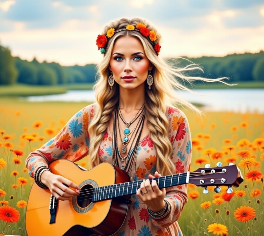 <lora:Hippie Flux:1.0>  full-length portrait, beautiful woman in hippie style, floral dress, loose, long blonde hair, necklaces, bracelets,...