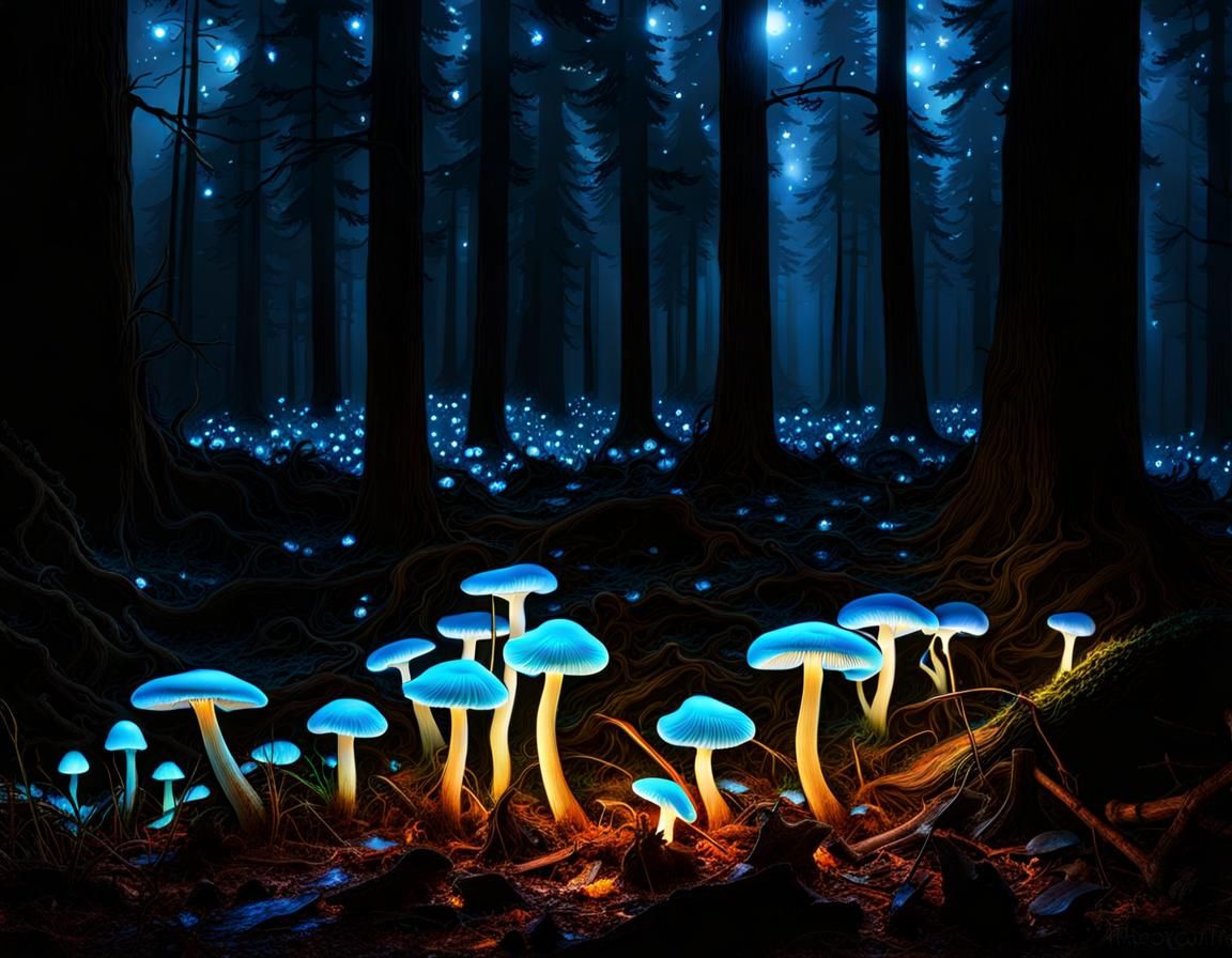 mushroom bioluminescence forest floor  by @ih432