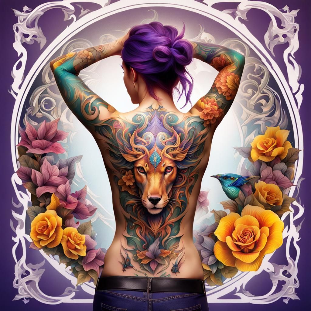 Extremely beautiful and colourful tattoo on the back and arm...