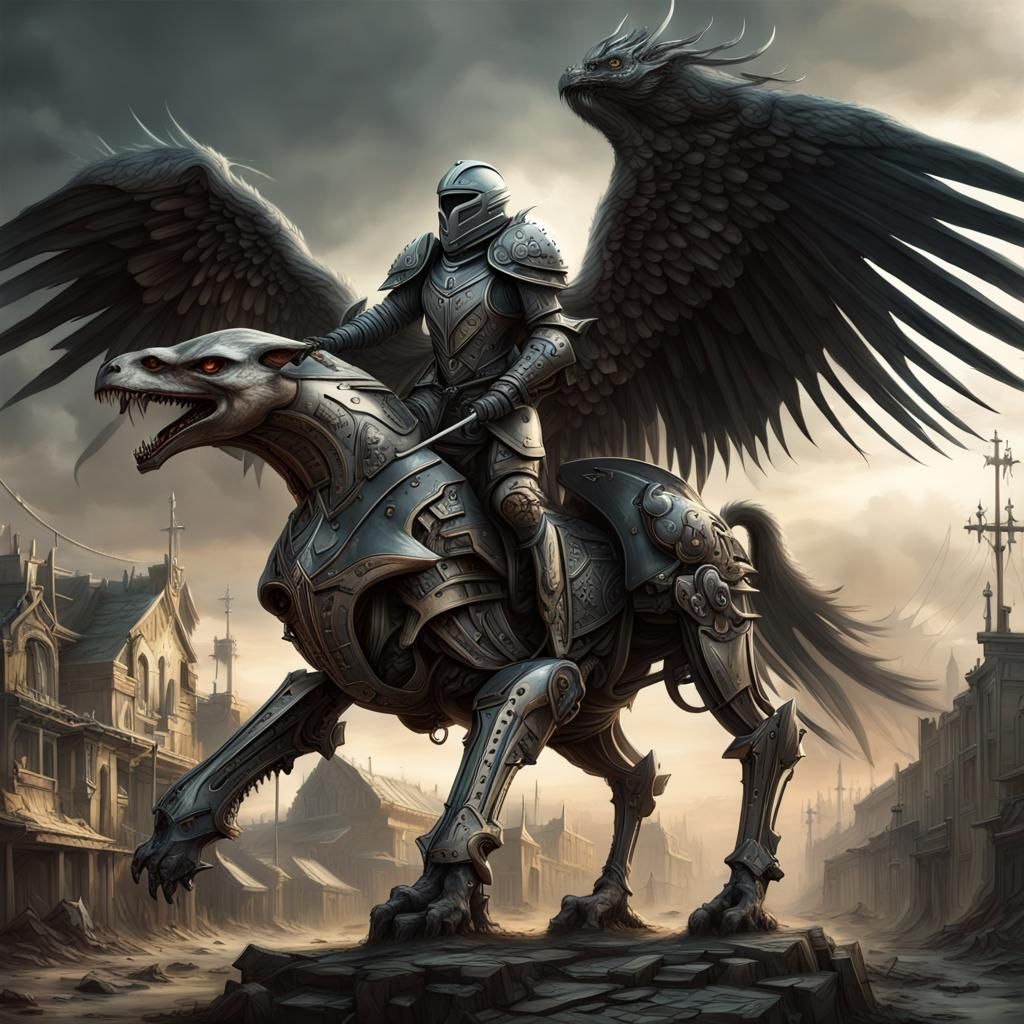 Sci-fi Medieval knight riding bio-mechanical griffin. - AI Generated ...