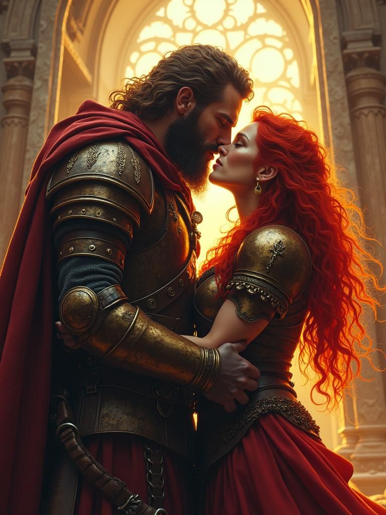 Warrior and Mage Kiss in Graphic Novel Style