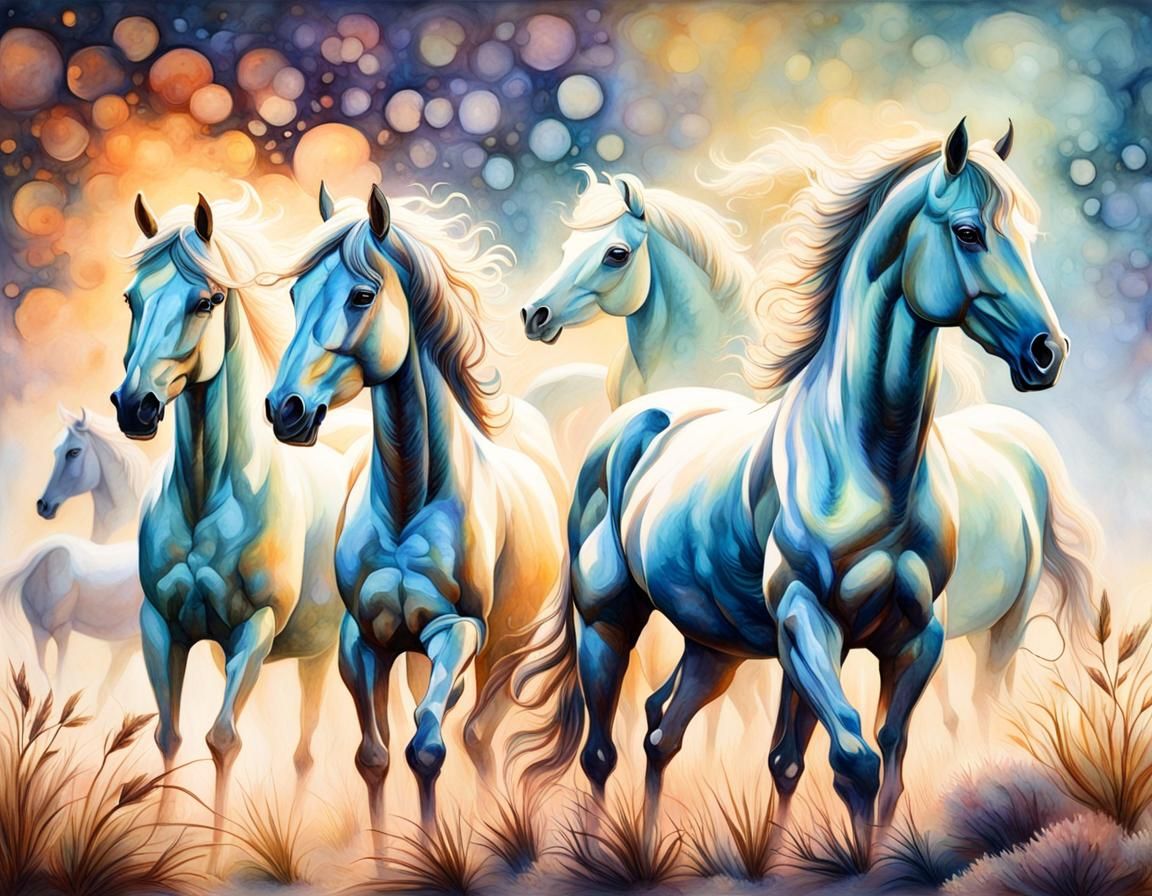 Iridescent Encaustic Horses graze in a Dust Liminal Prairie in the ...