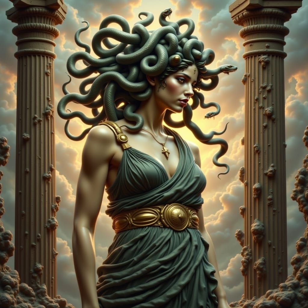 medusa, snakes for hair, ancient greek attire, ancient greek setting <lora:Medusa:1.0> 
