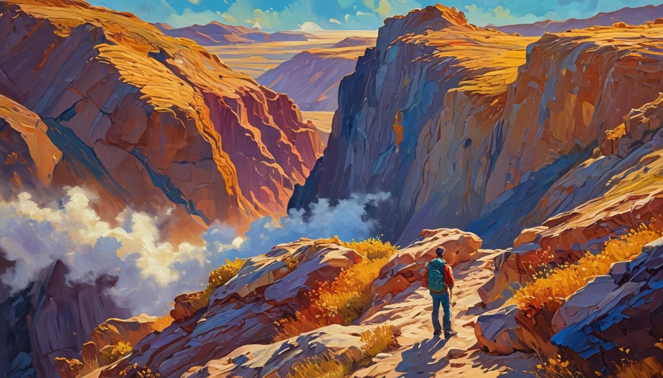 Smiling Traveler at Colorful Cliffside Oil Painting