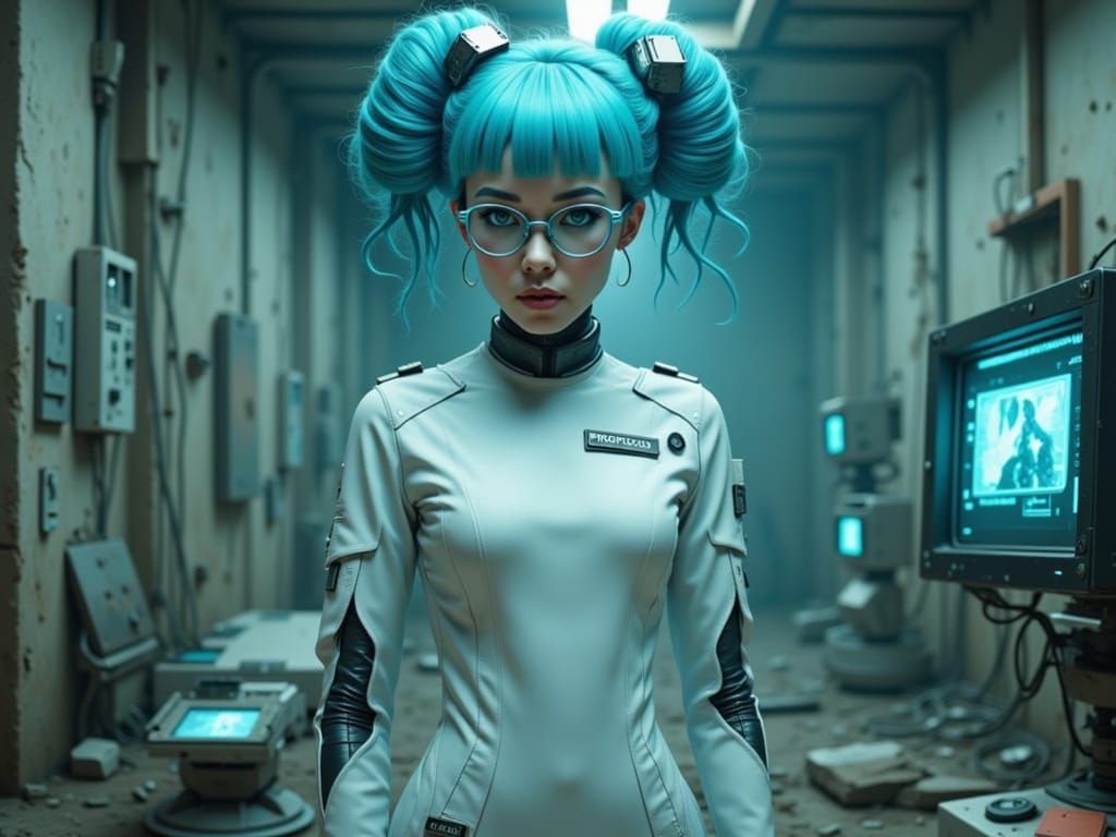 an android nurse standing in the remnants of a once-pristine medical facility, her gaze fixed forward. The android has striking silver eyes ...