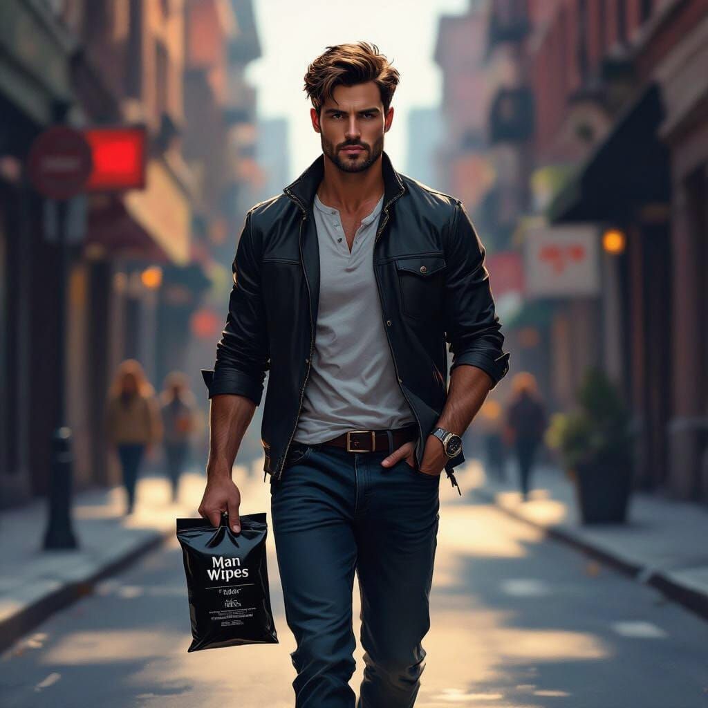 גבר יפה בגיל25  הולך ברחוב ומחזיק ביד חבילת מגבונים  של גברים בצבע שחור חבילה בגודל כמו חבילת מגבונים של ביבי שם החברהman wipes