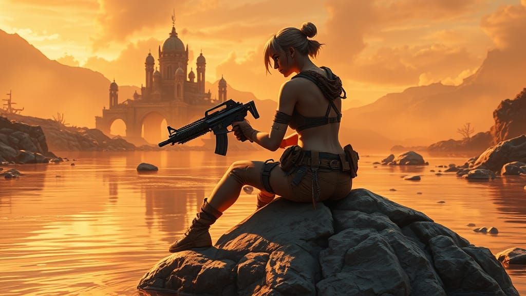 Digital matte painting. Medium shot. A female Borderlands ch...