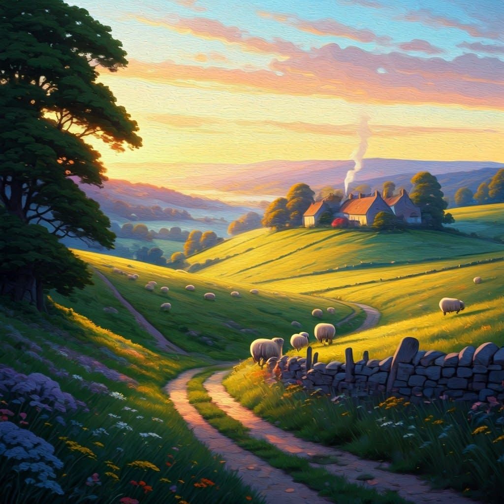 An evocative landscape painting of a pastoral scene, capturi...