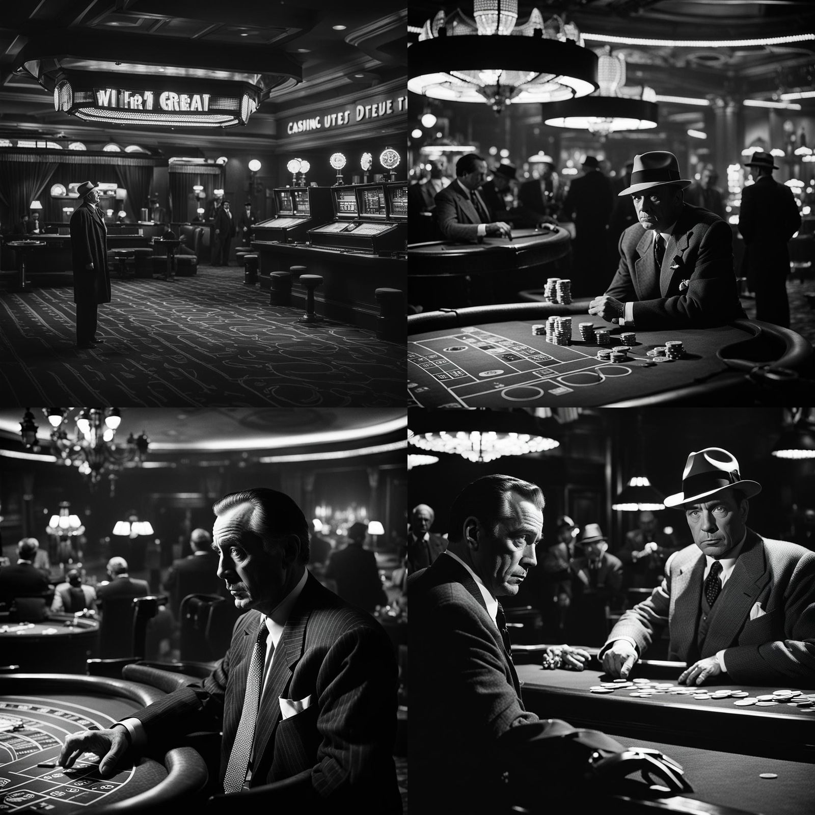 The great detective, casino scene, ultra realistic, black and white ...