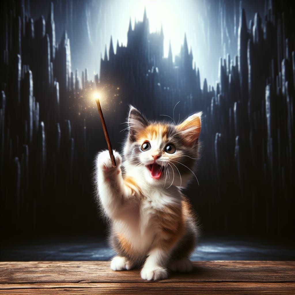 Excited Calico Kitten Wizard Casting a Spell