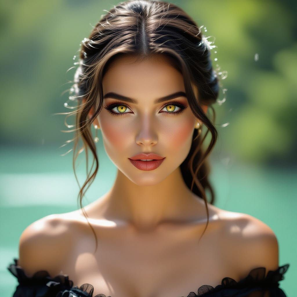 A stunning beauty woman vampire, Balkanic features,  large golden eyes (glowing:1.3), small, delicate mouth, with a subtle smile (expression...