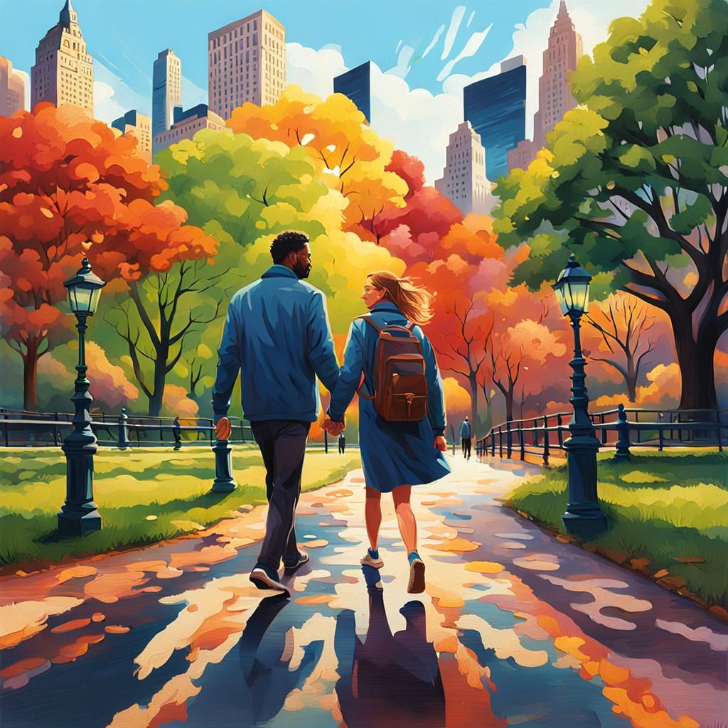 A man and woman walking round central park