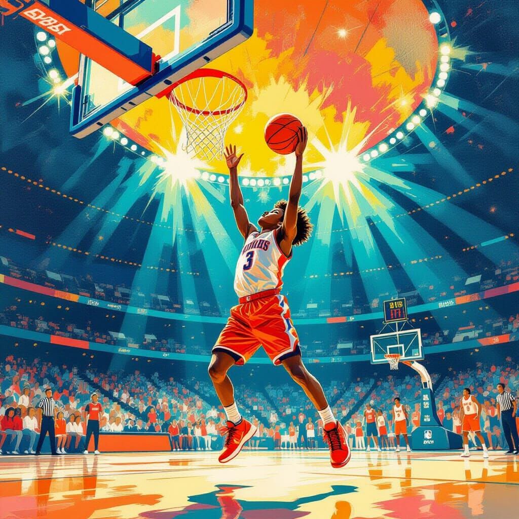 Imagine a color painting of a boy in a basketball stadium about to dunk a basketball on a hoop  by @Poly