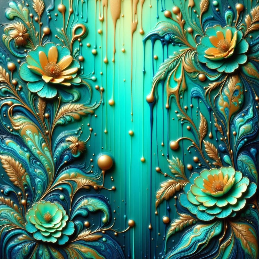 <lora:Teal and gold:1.0> teal and gold encaustic oil drip surreal fantasy art jungle flowers 