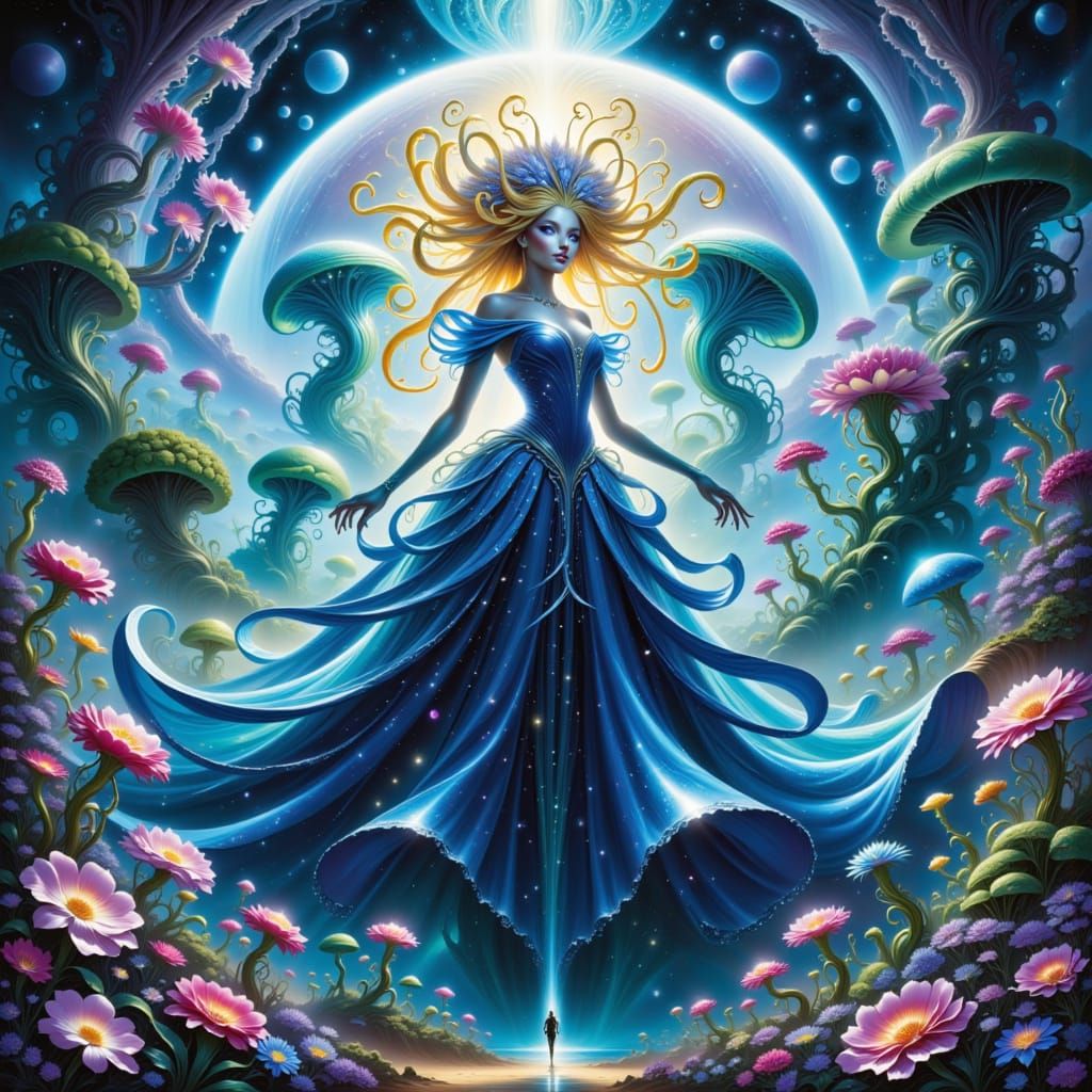 Mystérieuse créature fantastique, drapée dans un bleu profond, robe fluide et diaphane virevoltant autour d’elle, soulignant sa silhouette é...