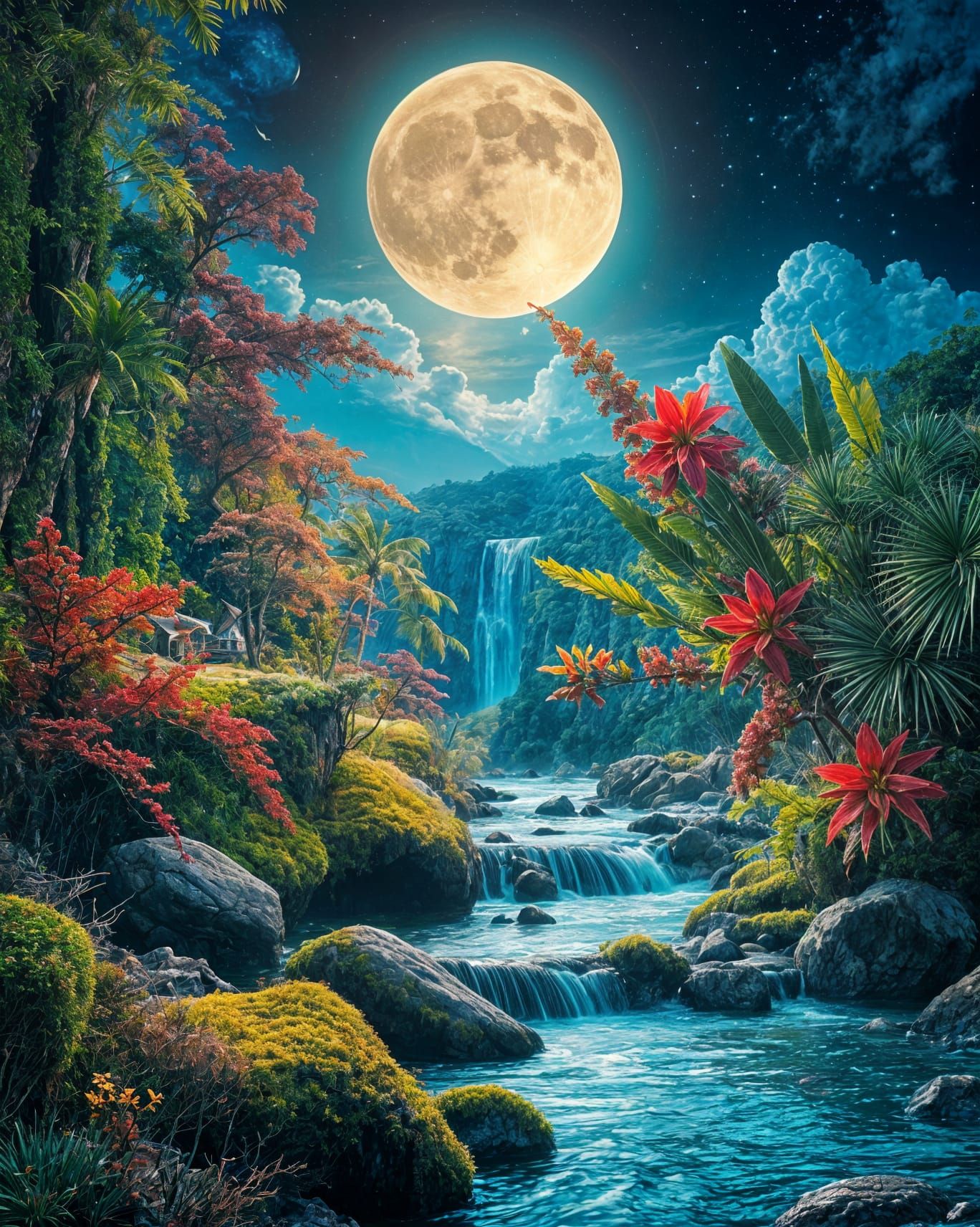A mystical landscape under a full moon.