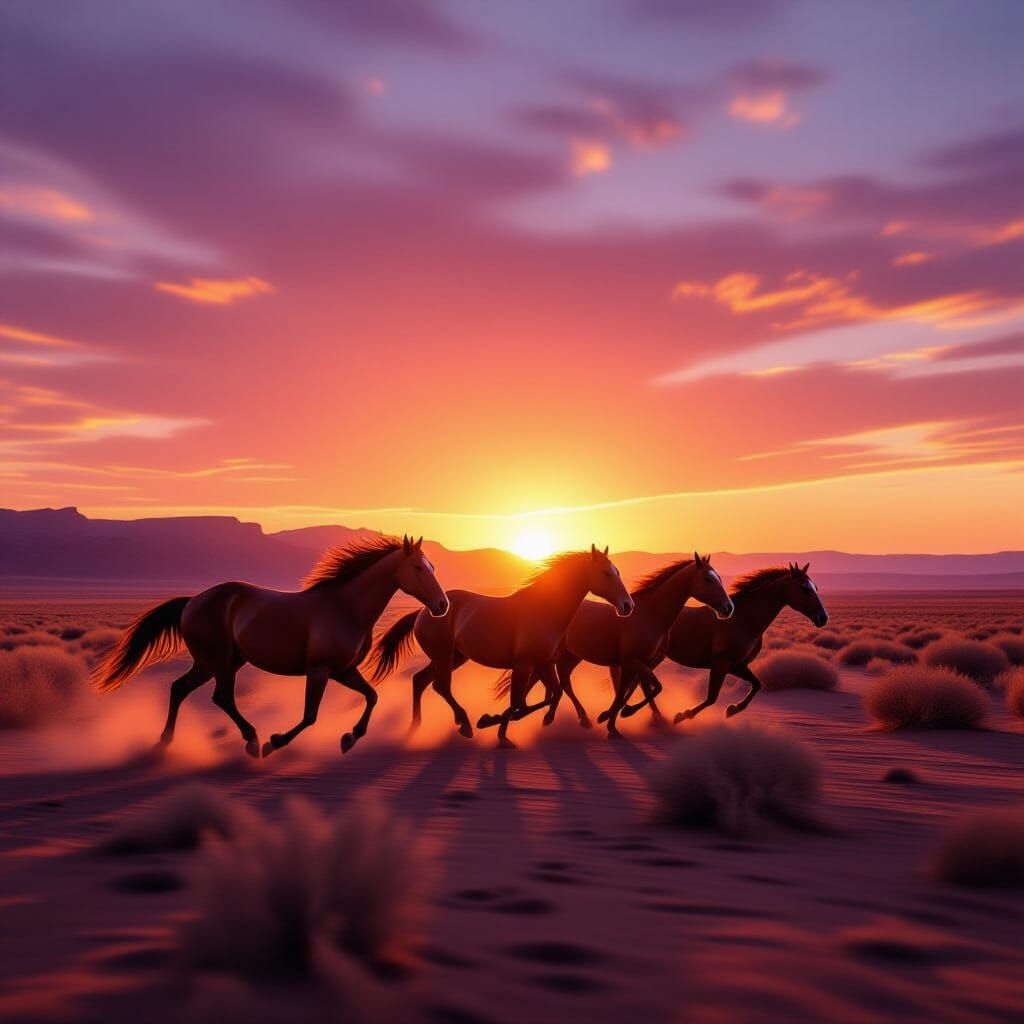 . "Wild horses running across an open desert at sunset, cinematic movement, 8K"

