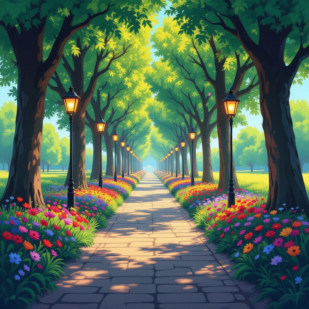 A path among trees in spring, the path is shaded by the treetops in such a way that you can't see the sky, the path is made of wood, on the ...