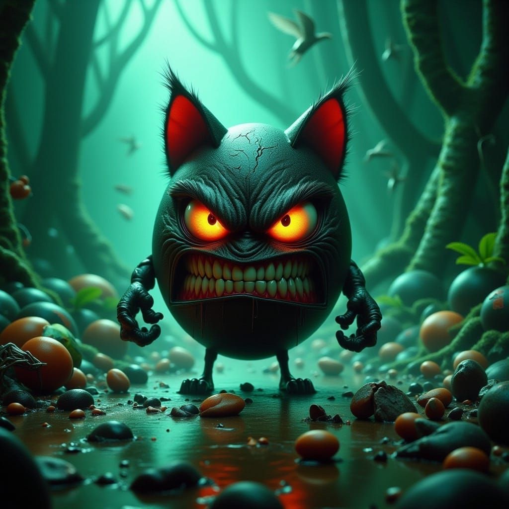 <lora:-Angry Eggs-:1.0>  Grunge, ultra-detailed, raw conceptual scene ▪ A tiny version of the Cheshire Cat as a ninja, stealthily sneaking t...