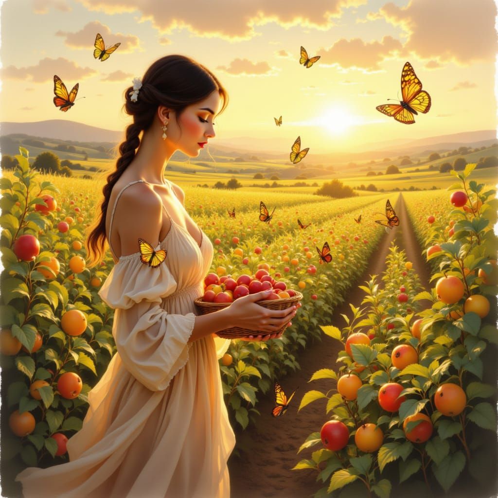 <lora:HiDreamDevFlux:1.0> A serene harvest scene bathed in the golden light of late afternoon. A woman with a gentle expression is carefully...