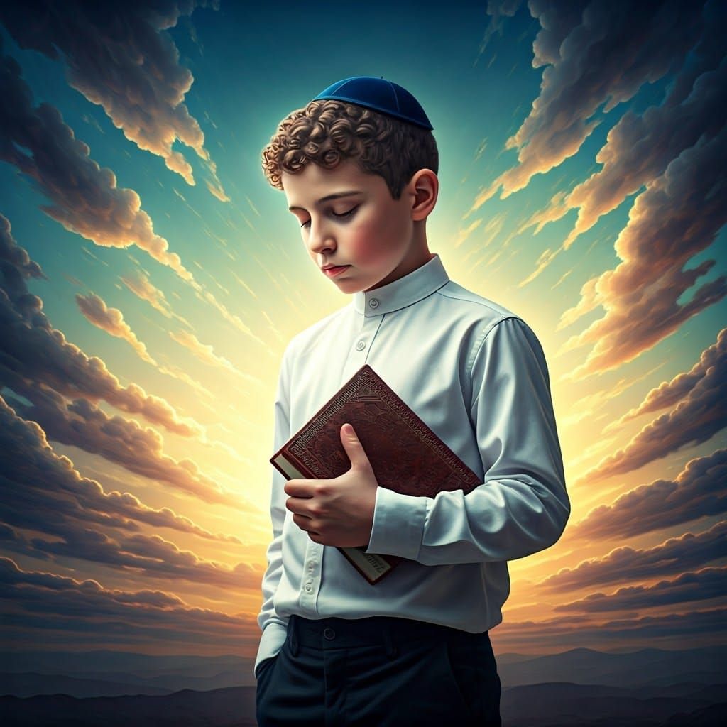 Boy Praying with Siddur Under Sapphire Sky